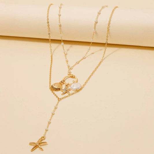 Pearl And Sea Life Charms Layered Y Chain Necklace