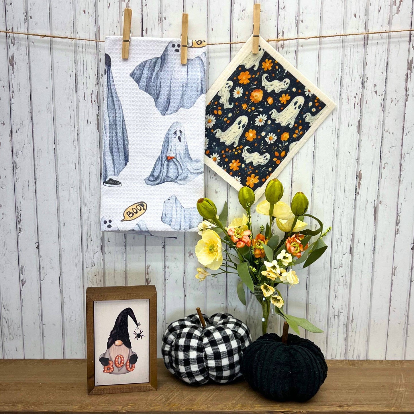 Ghosts & Fall Flowers Swedish Dishcloth