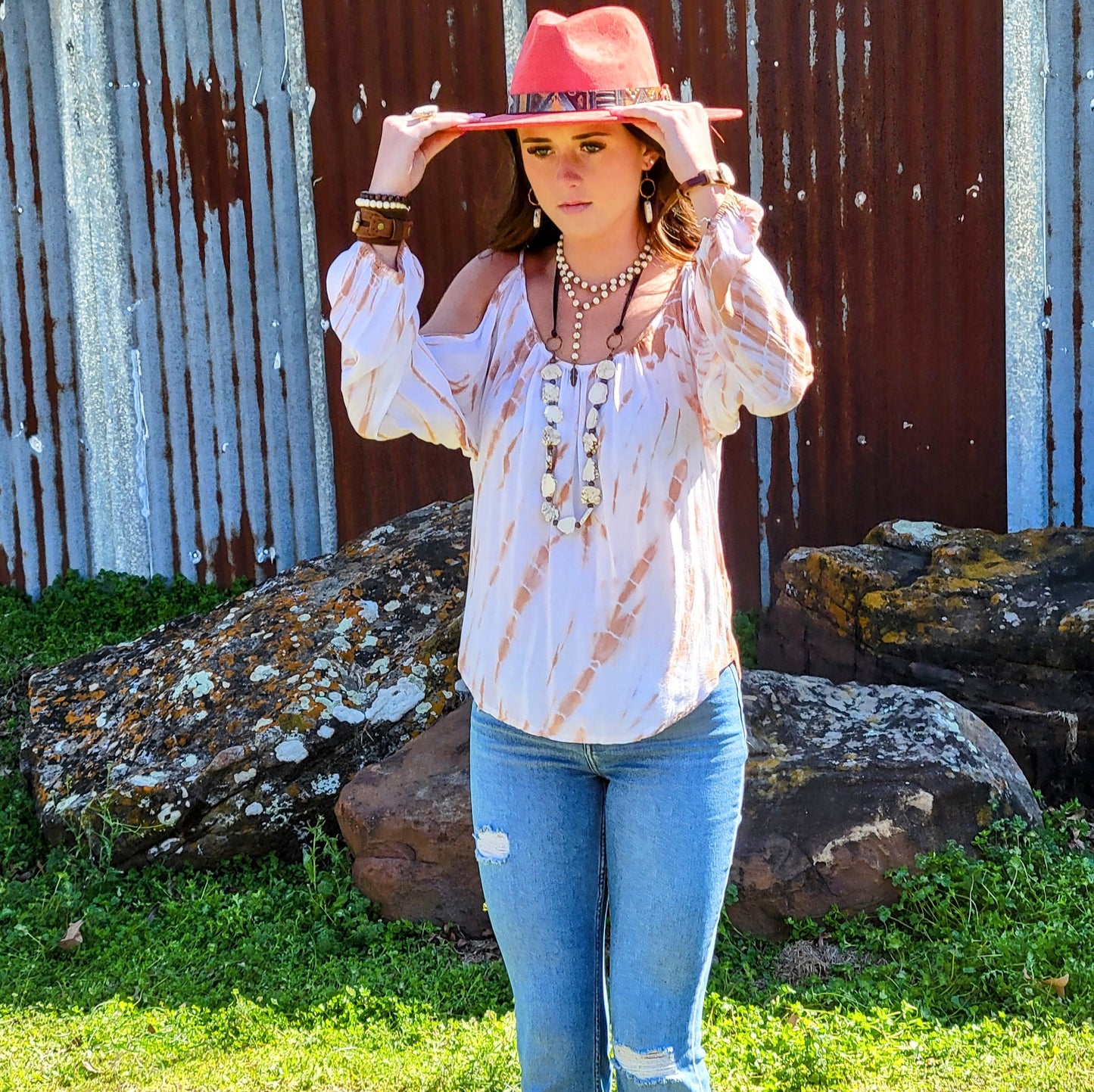 ONLINE EXCLUSIVE Double Strand Lariat White Turquoise Necklace w/ Copper Feather 259q