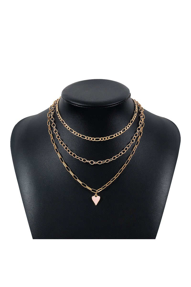 Layered Chain Pink Heart Pendant Necklace
