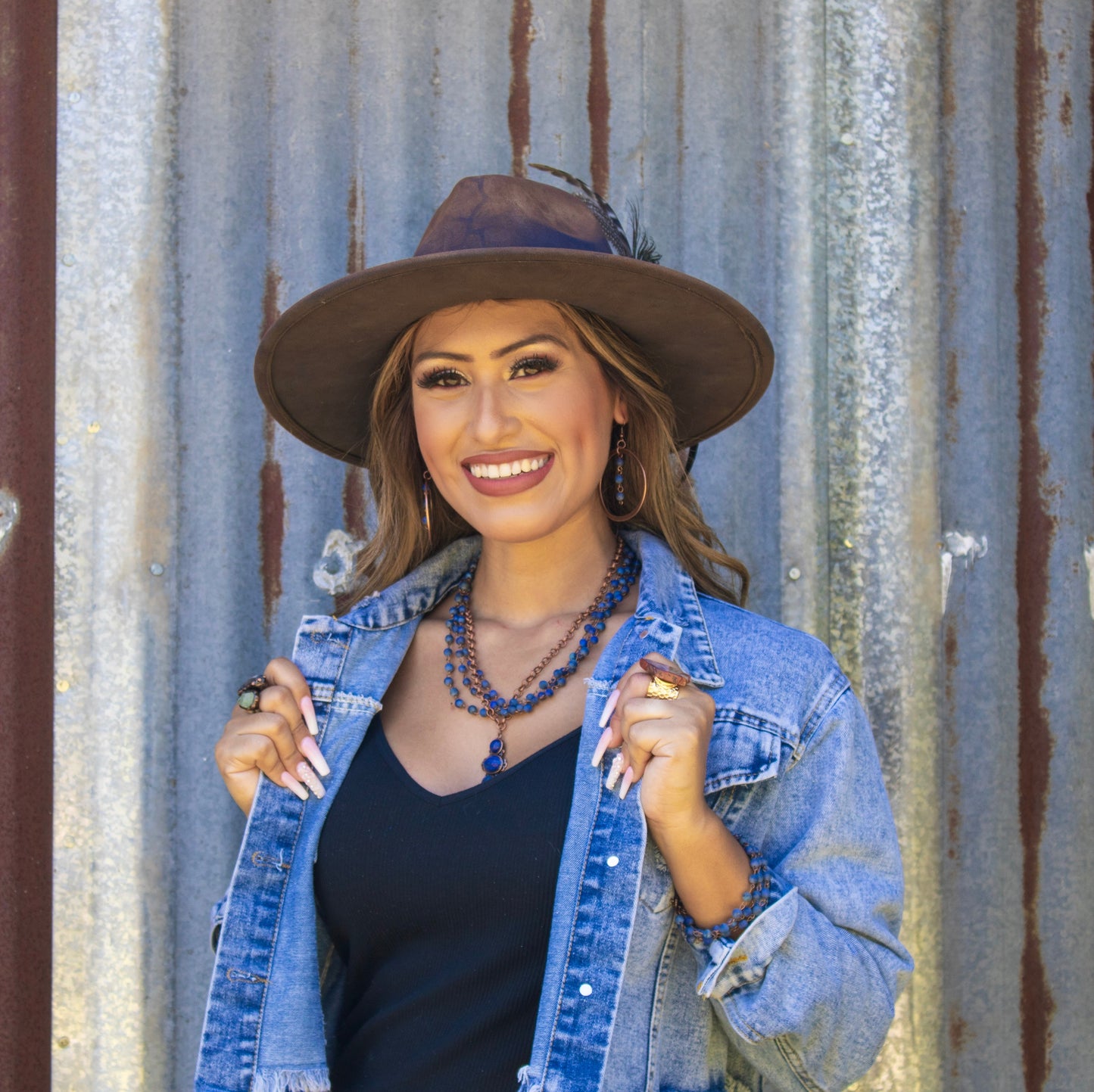 ONLINE EXCLUSIVE Western Copper Hoop Earrings w/ Blue Lapis Beads 225w