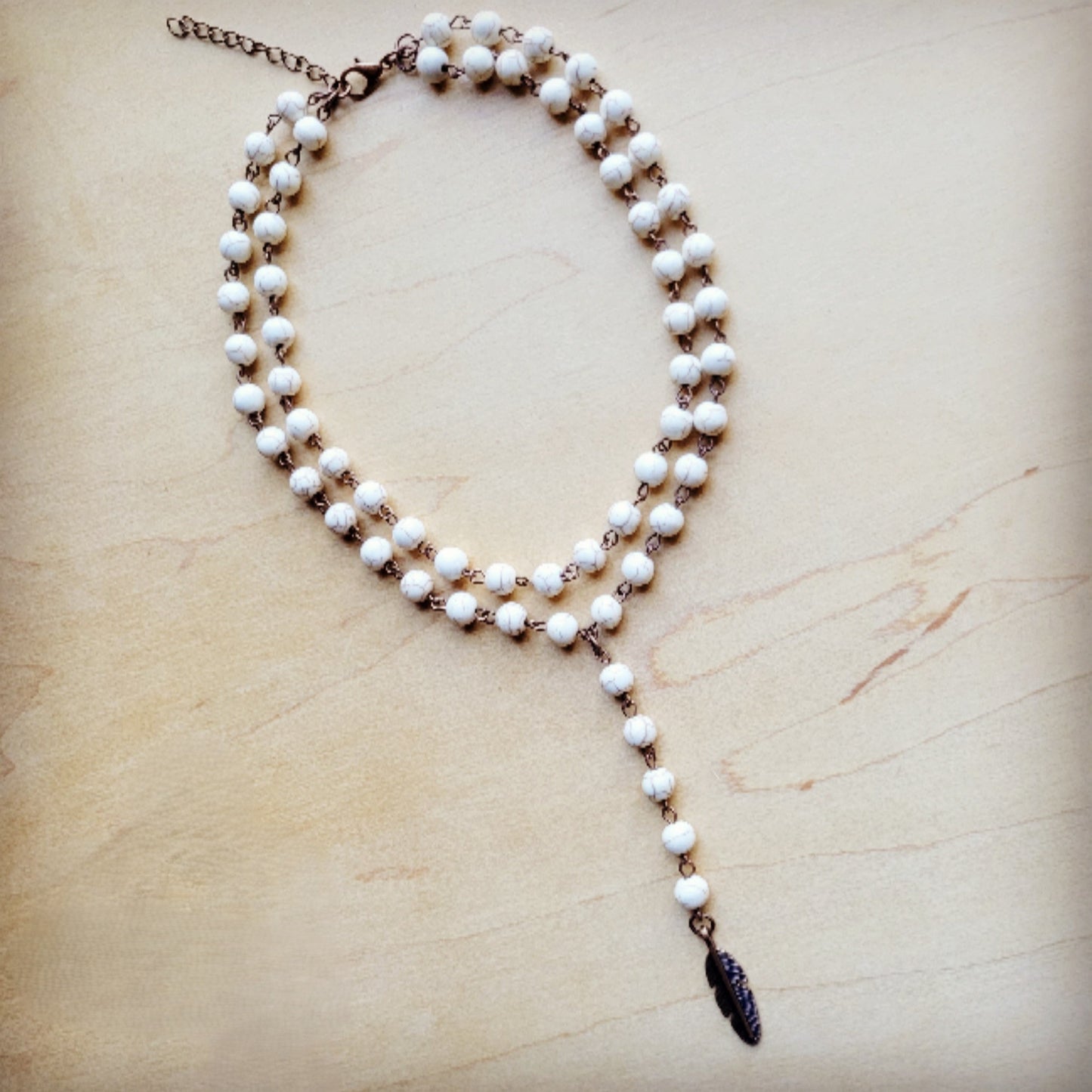 ONLINE EXCLUSIVE Double Strand Lariat White Turquoise Necklace w/ Copper Feather 259q