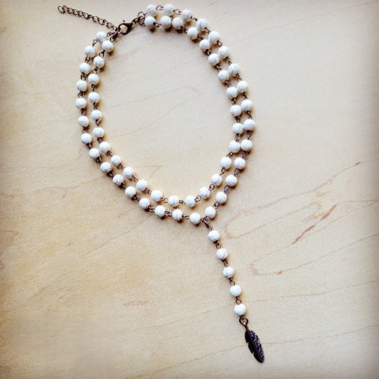 ONLINE EXCLUSIVE Double Strand Lariat White Turquoise Necklace w/ Copper Feather 259q