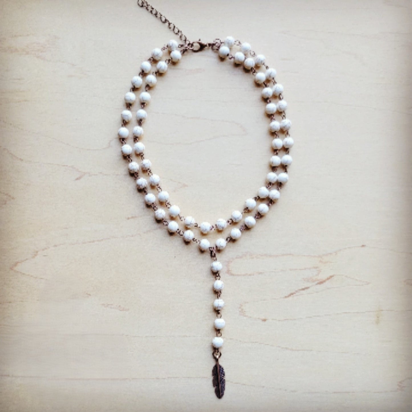 ONLINE EXCLUSIVE Double Strand Lariat White Turquoise Necklace w/ Copper Feather 259q