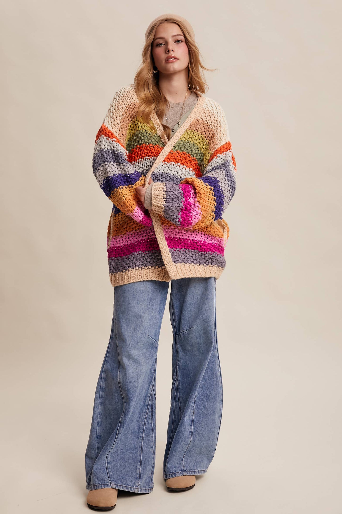 Rainbow Hand-Crochet Open oversized Cardigan