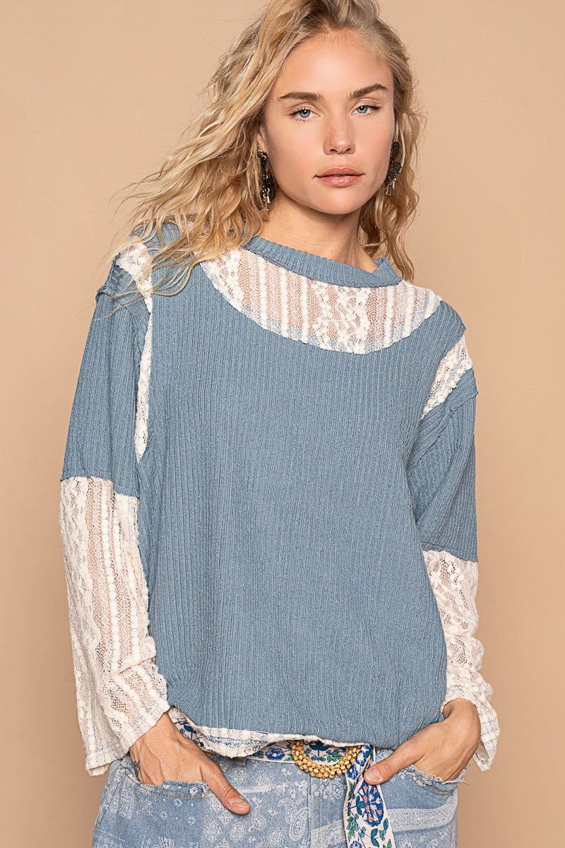 ONLINE EXCLUSIVE POL Lace Panel Round Neck Long Sleeve Top