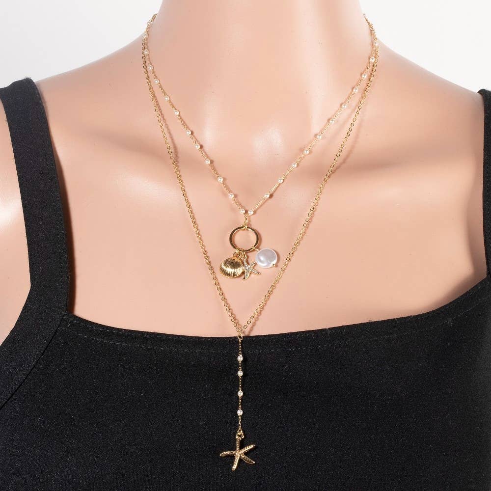 Pearl And Sea Life Charms Layered Y Chain Necklace
