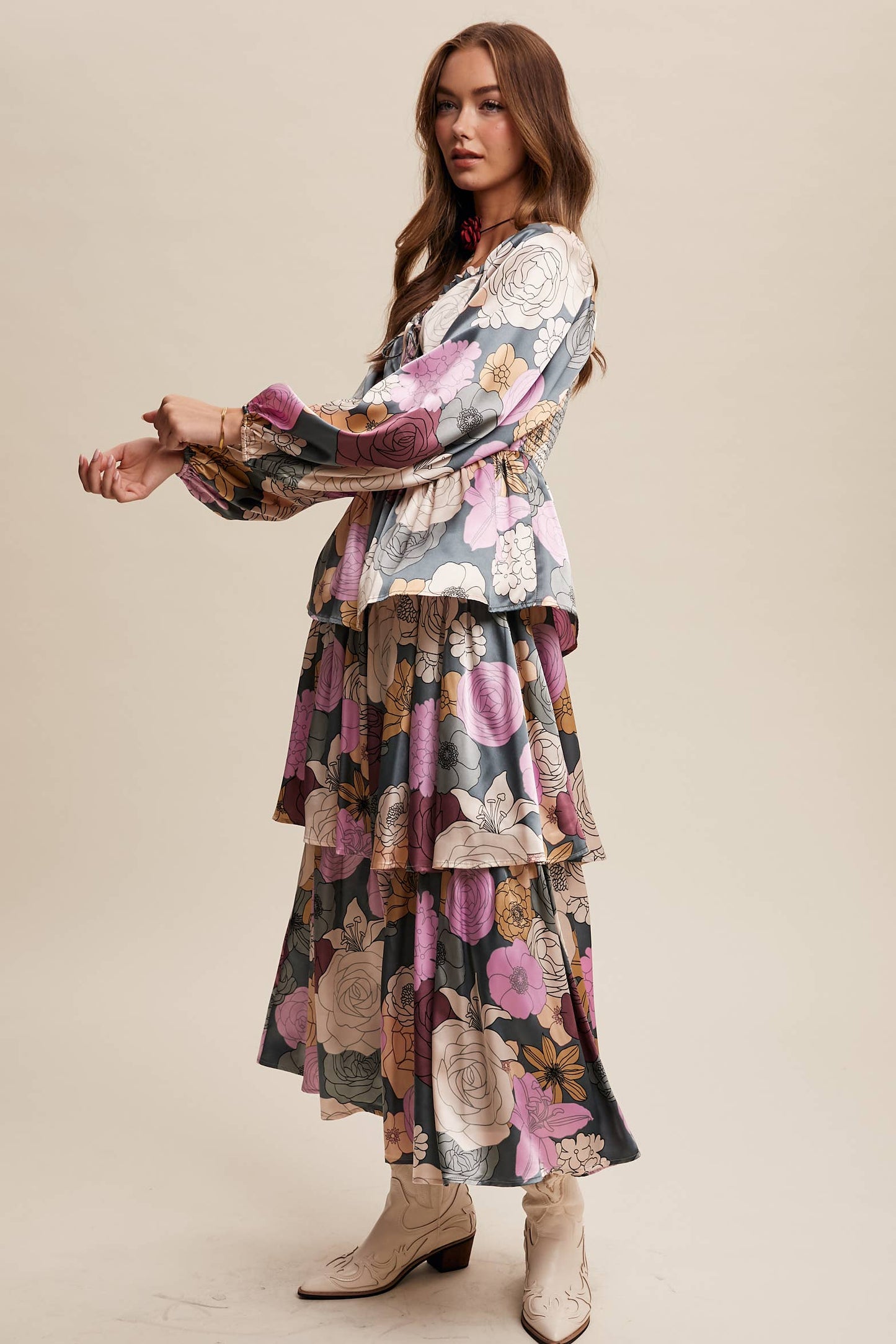 Jewel Floral Lace up tiered maxi Dress