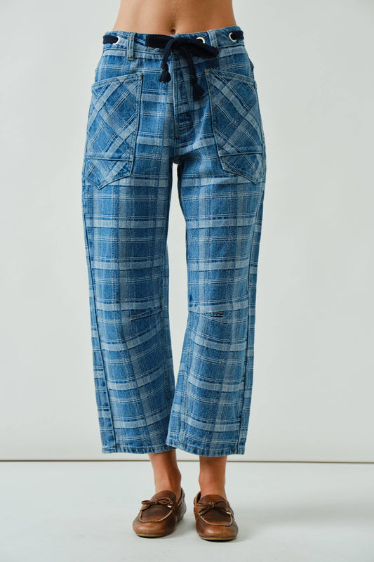 Ivy plaid semi barrel jeans with drawstring