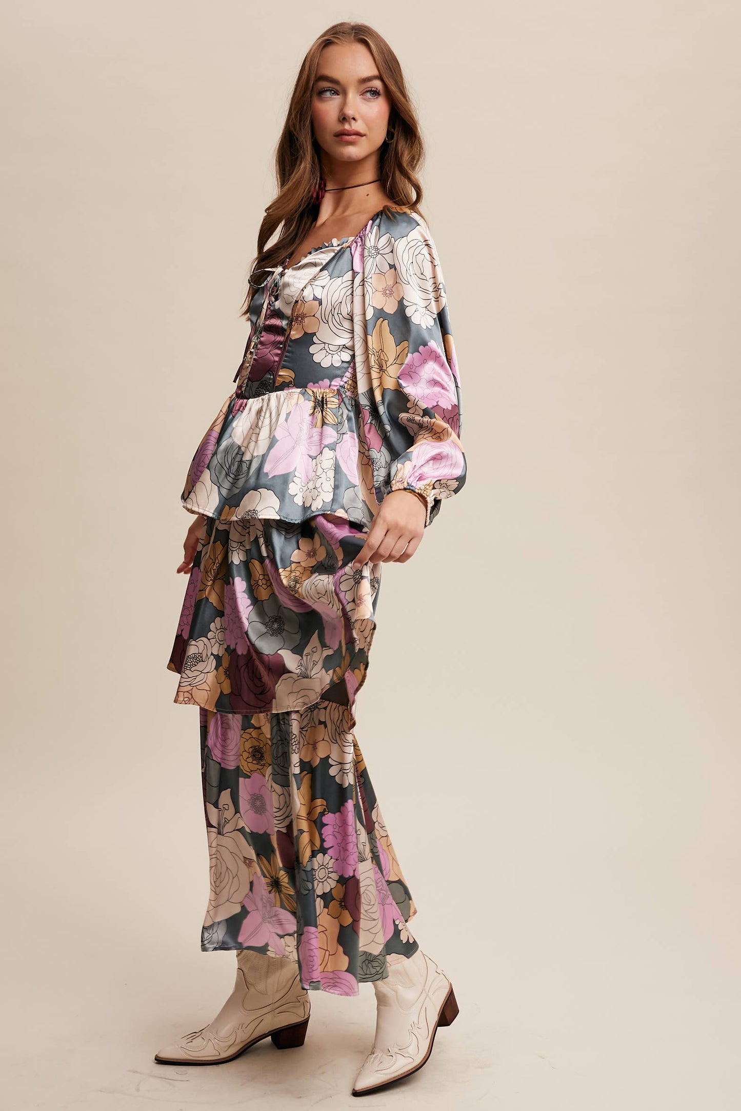 Jewel Floral Lace up tiered maxi Dress