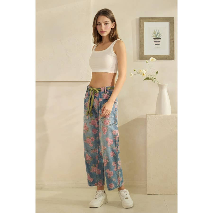 Oli & Hali washed floral print barrel jeans