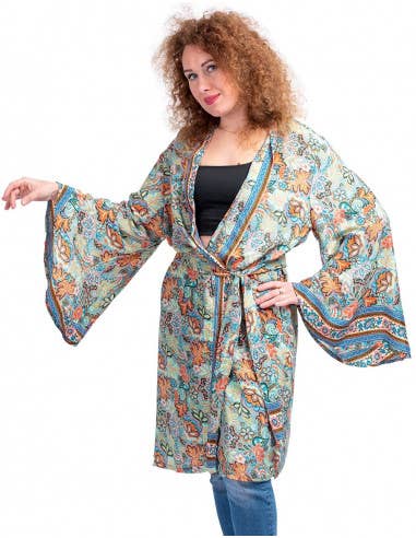 Handcrafted silk blend bell sleeve midi Kimono