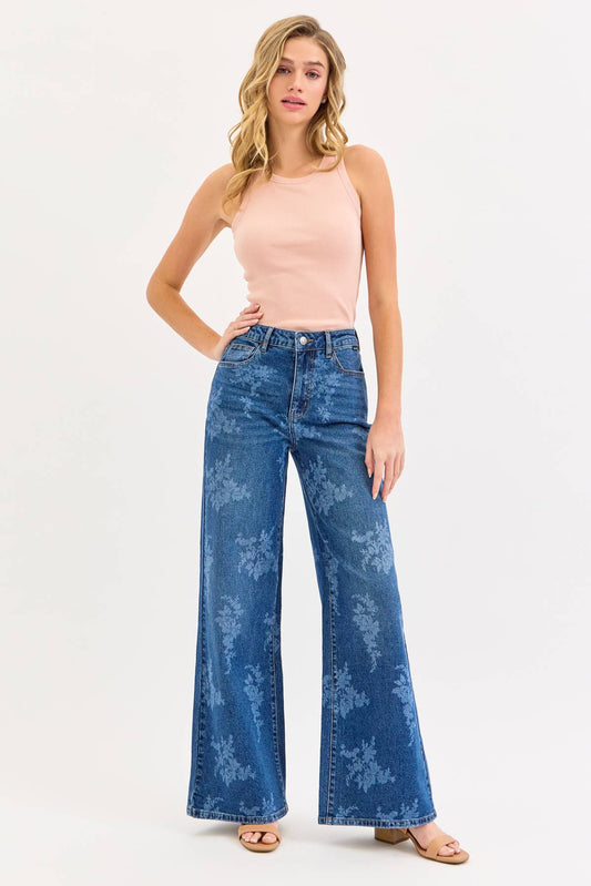 Cello High Rise Floral Wide Leg jeans