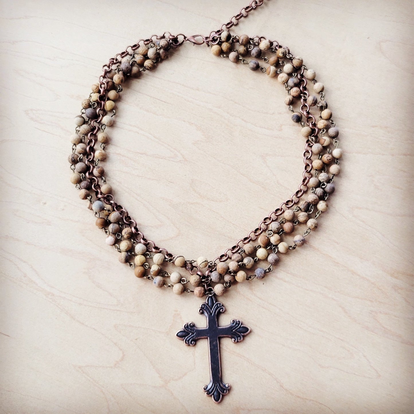 ONLINE EXCLUSIVE Picture Jasper Beaded Collar Necklace w/ Cross Pendant 261b