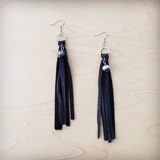 ONLINE EXCLUSIVE Black Leather Fringe Earrings with Silver Bead Accent-Black 200c