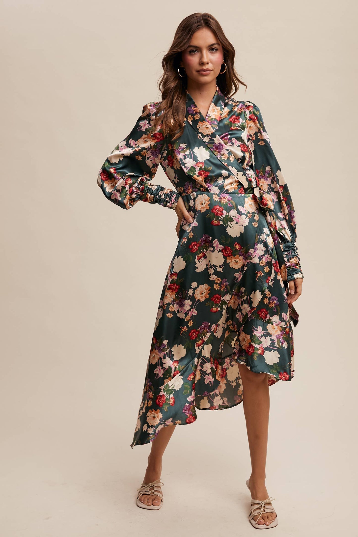 Enchanted Forest Satin Floral Wrap Midi Dress