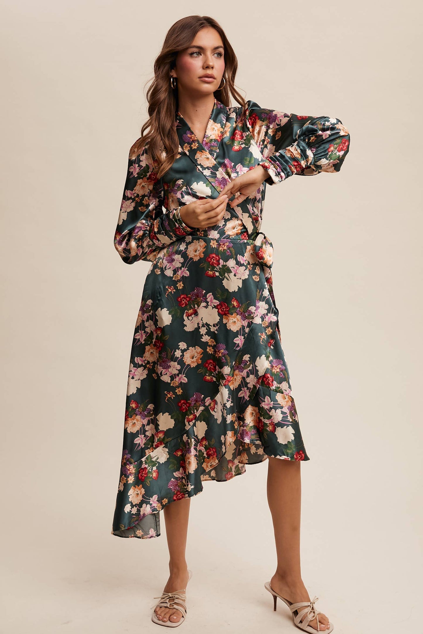 Enchanted Forest Satin Floral Wrap Midi Dress