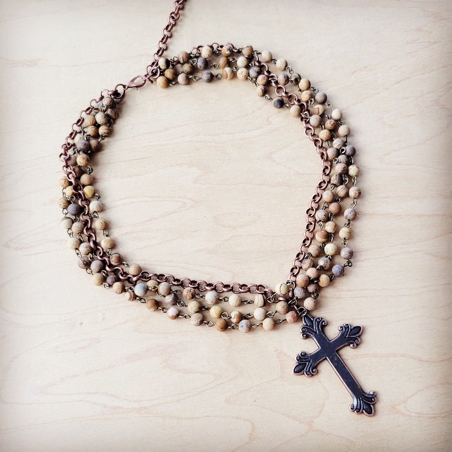 ONLINE EXCLUSIVE Picture Jasper Beaded Collar Necklace w/ Cross Pendant 261b