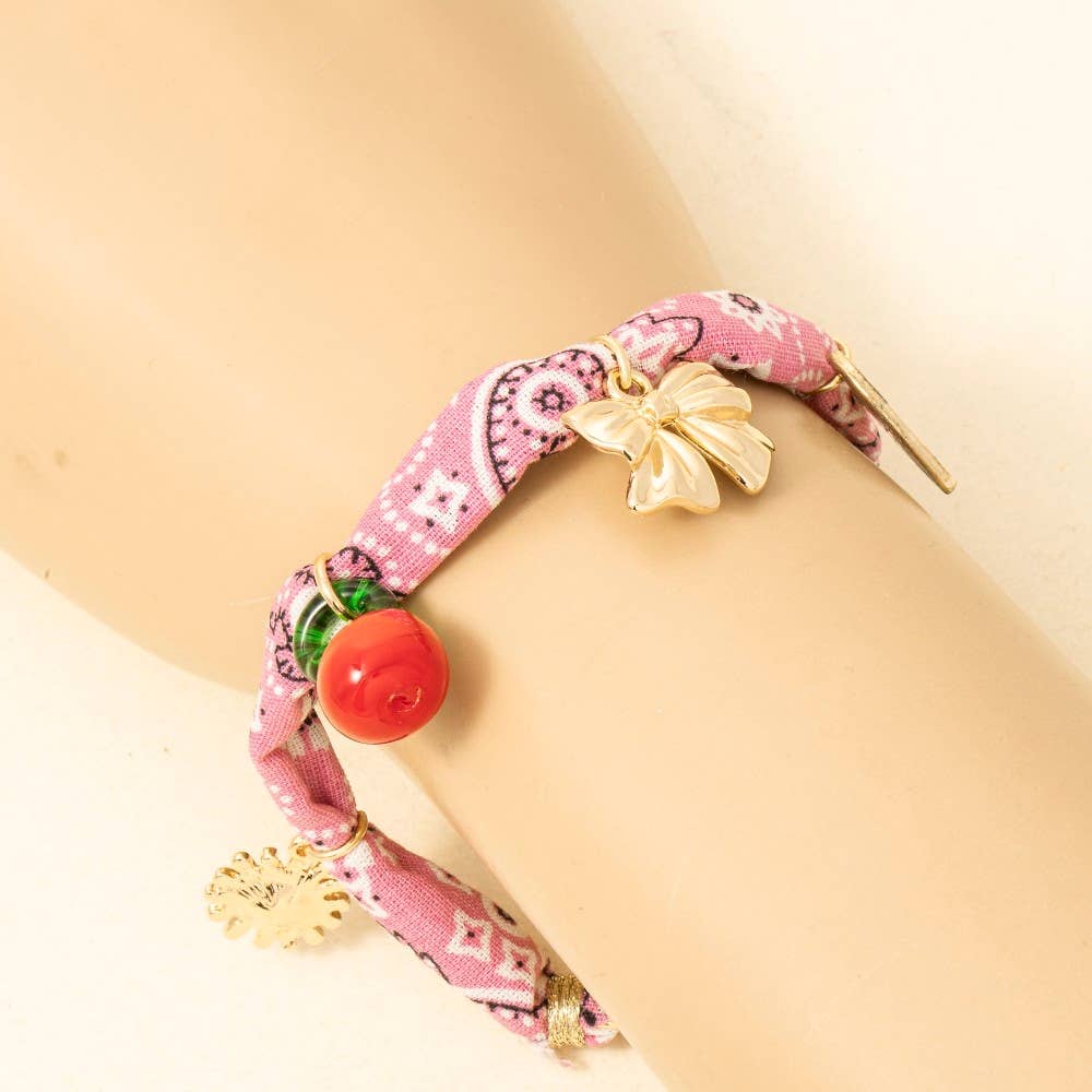 Flower Bow Heart Cherry Charms Bandana Bracelet