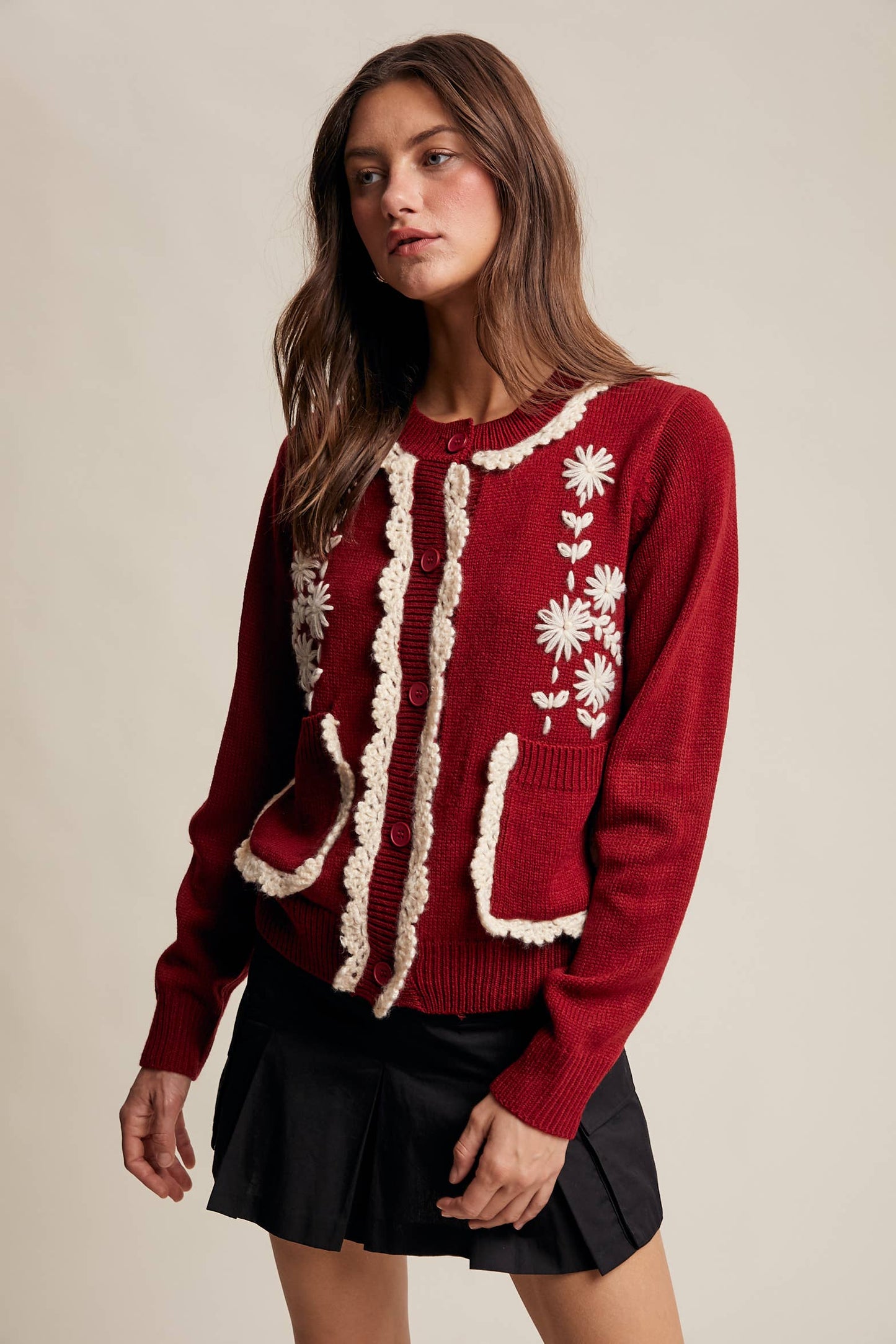 Daisy Embroidered Trim Cardigan Sweater