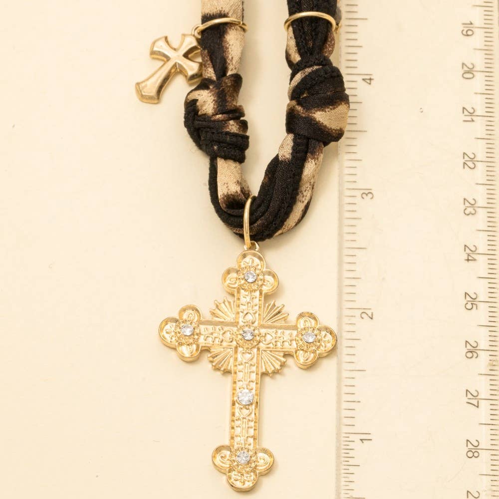 Cross Pendant And Charms Leopard Bandana Necklace