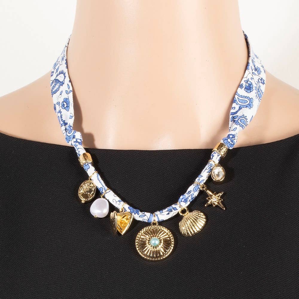 Mixed Charms Blue Paisley Bandana Necklace