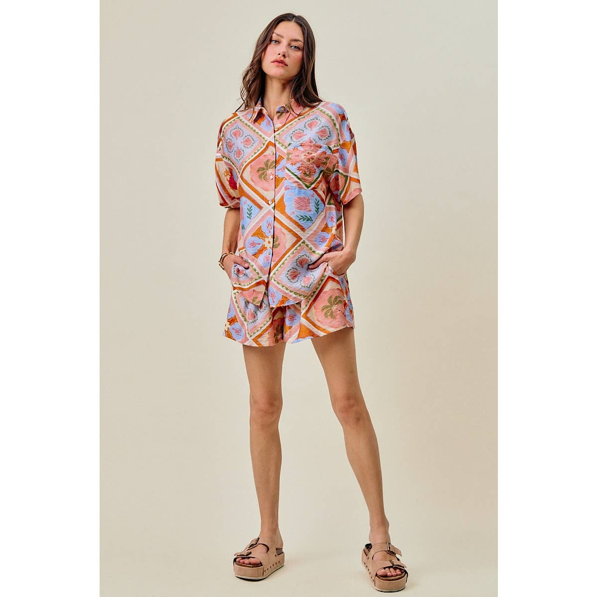 Frankie tropical print button down top