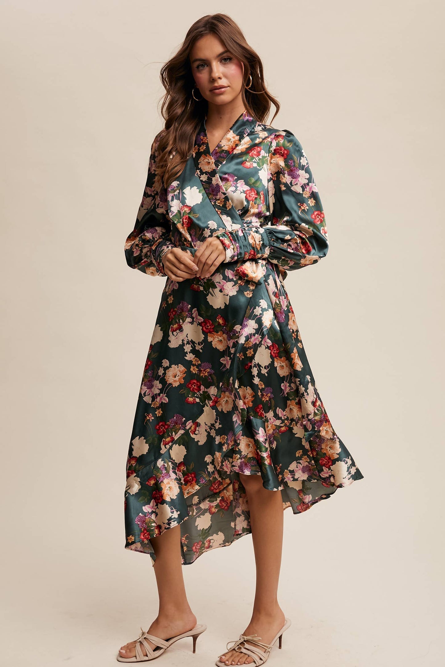 Enchanted Forest Satin Floral Wrap Midi Dress