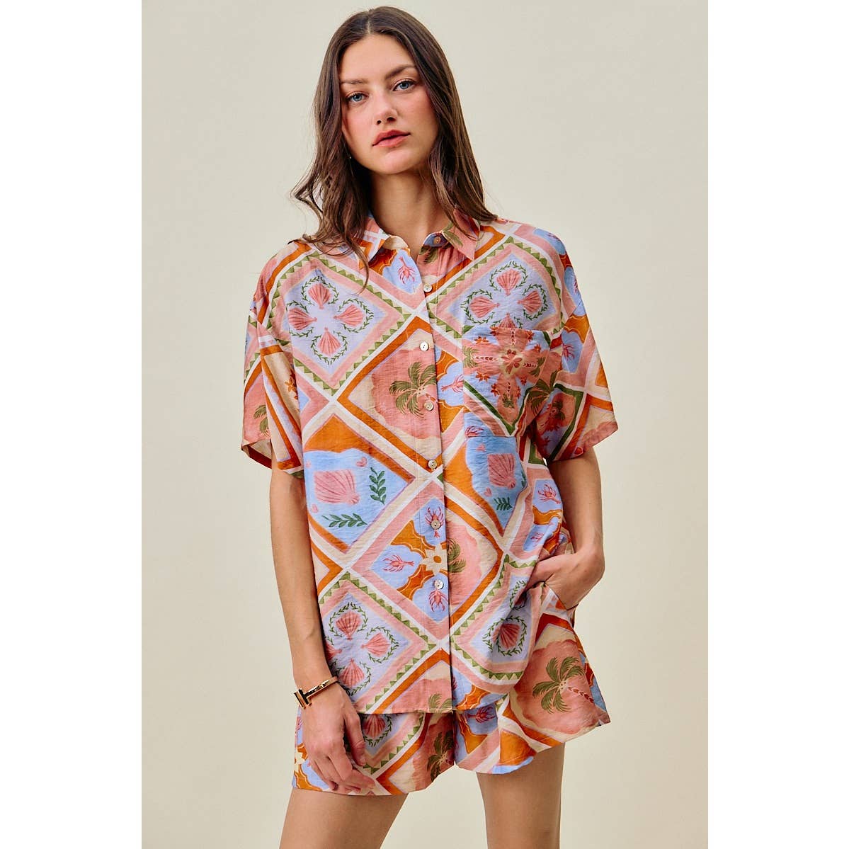 Frankie tropical print button down top