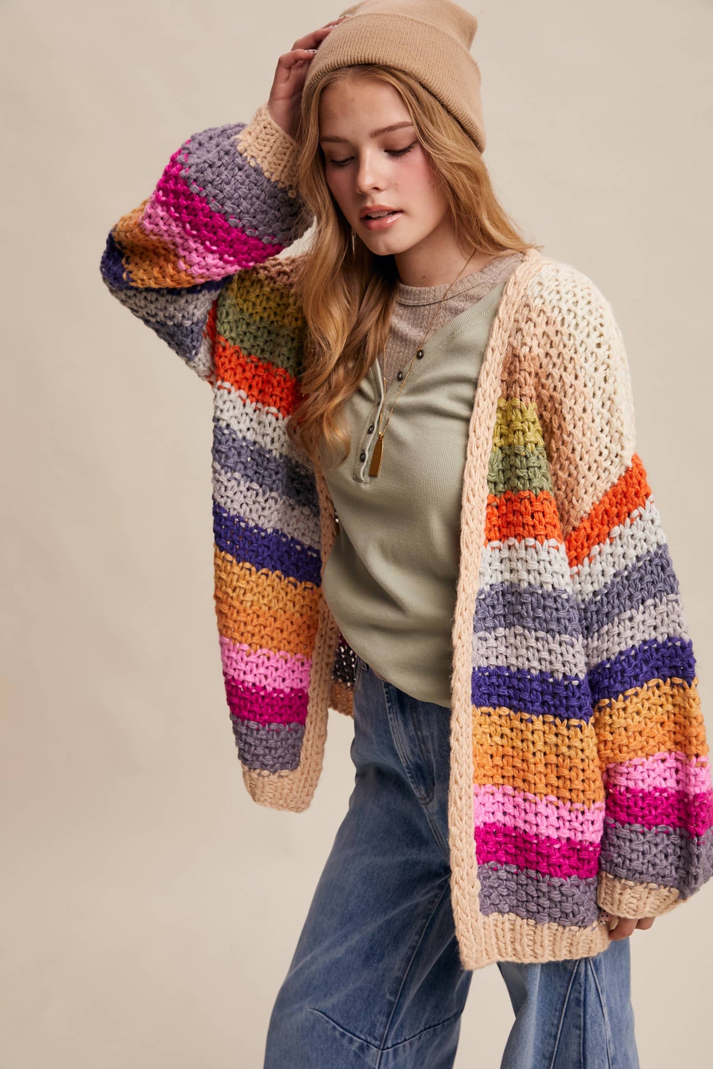 Rainbow Hand-Crochet Open oversized Cardigan