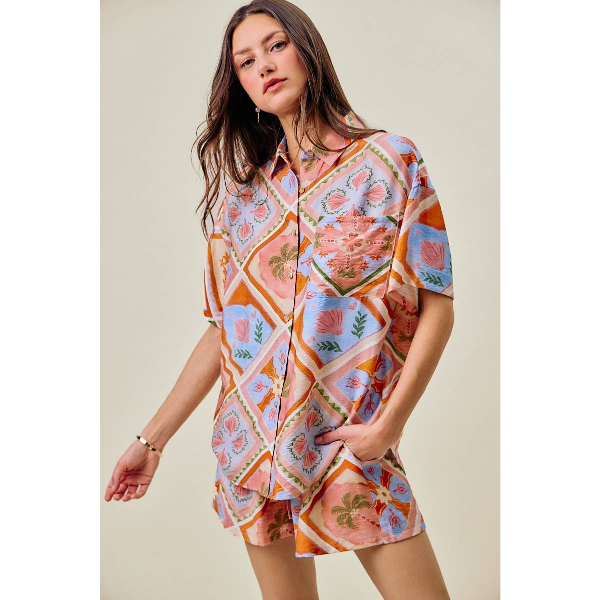 Frankie tropical print button down top