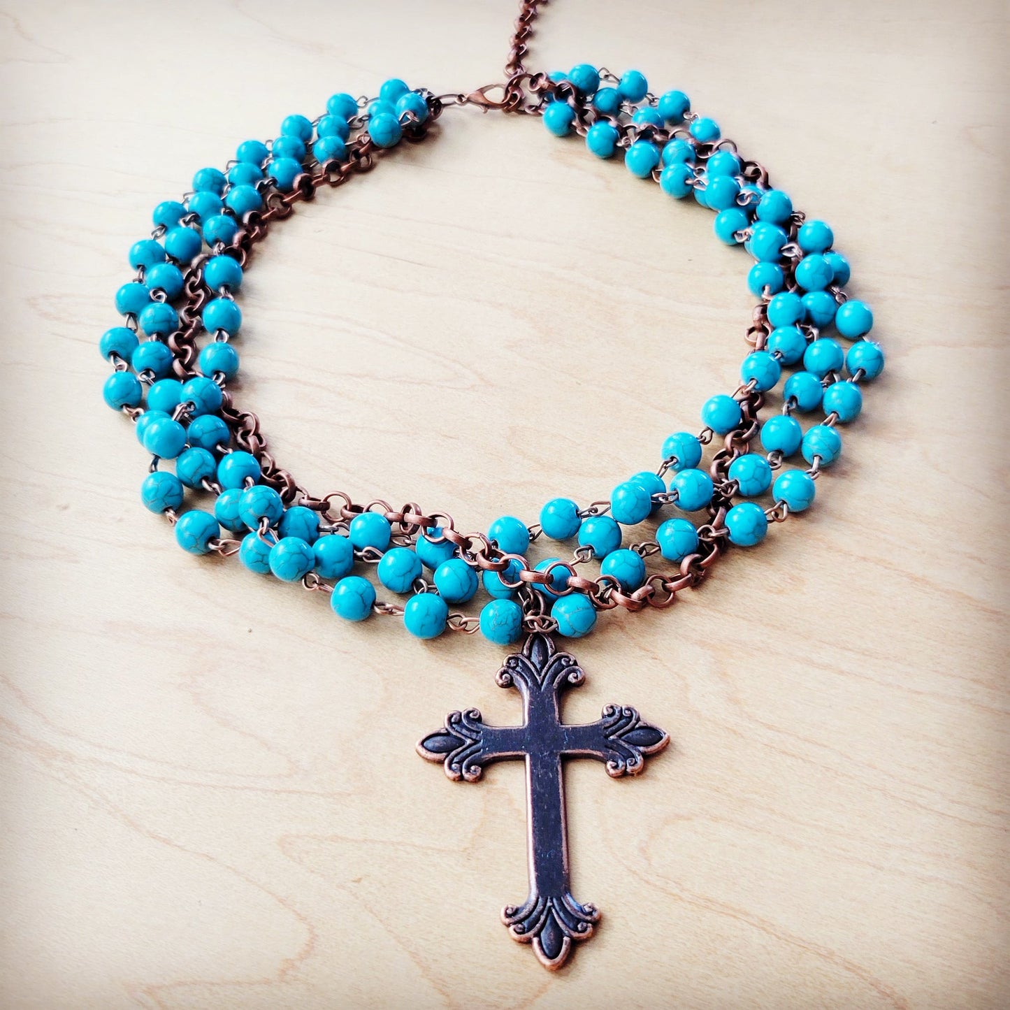 ONLNE EXCLUSIVE Blue Turquoise Beaded Collar Necklace w/ Cross Pendant 260y