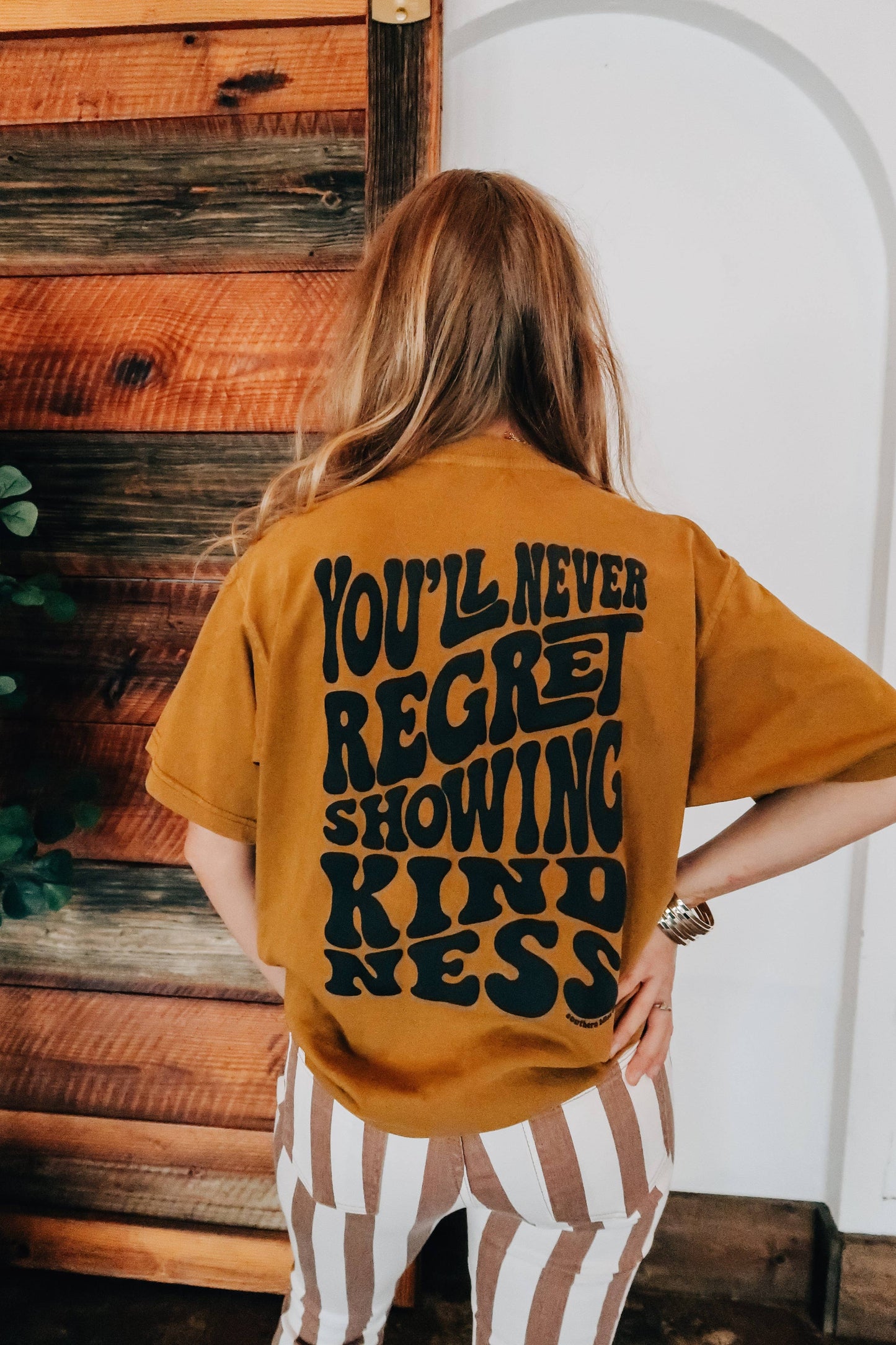 Oversized Peace sign & Never Regret Showing Kindness Mock Neck Tee