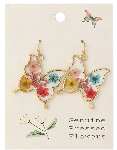 Gold Tone Butterfly Bouquet Dried Flower Earrings