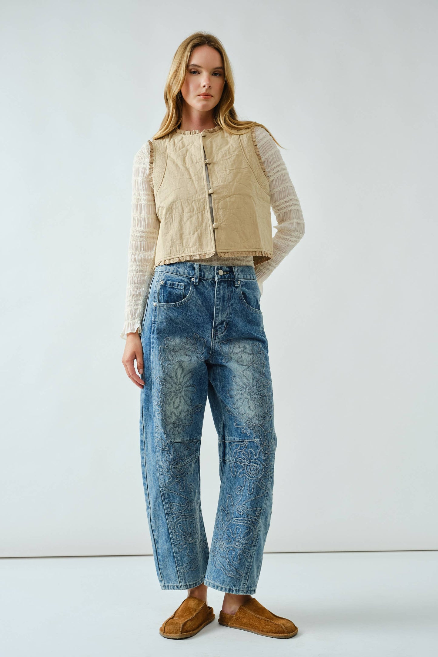Lex embroidered cotton barrel pants