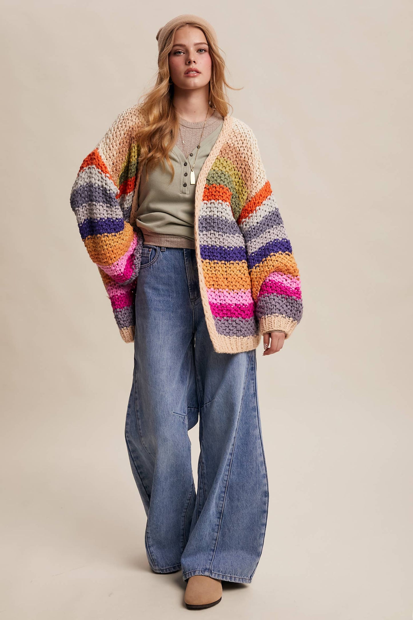 Rainbow Hand-Crochet Open oversized Cardigan