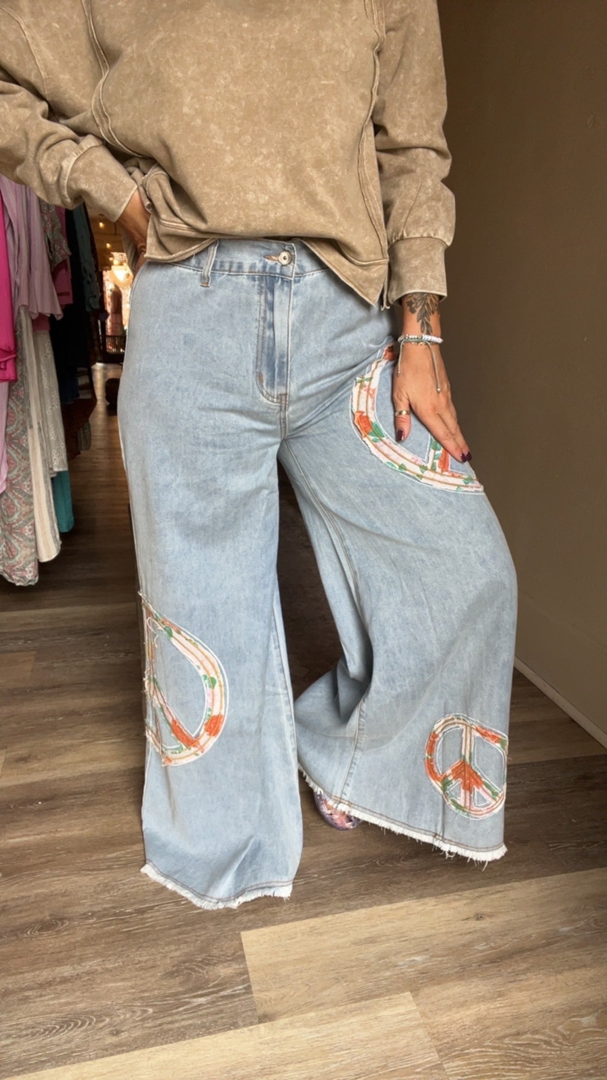 POL Peace Patchwork Light Wash Wide leg Denim Jean pants