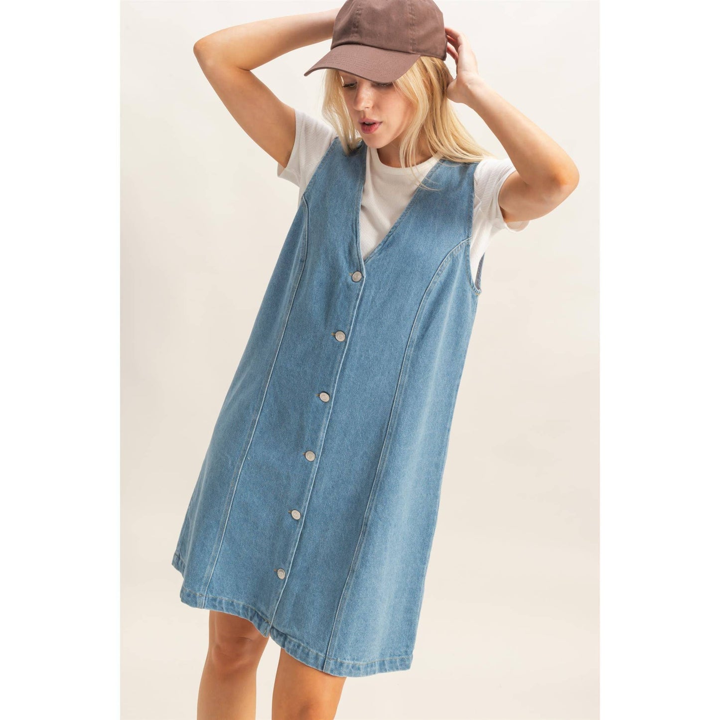 V-Neck Button-Front Denim Dress