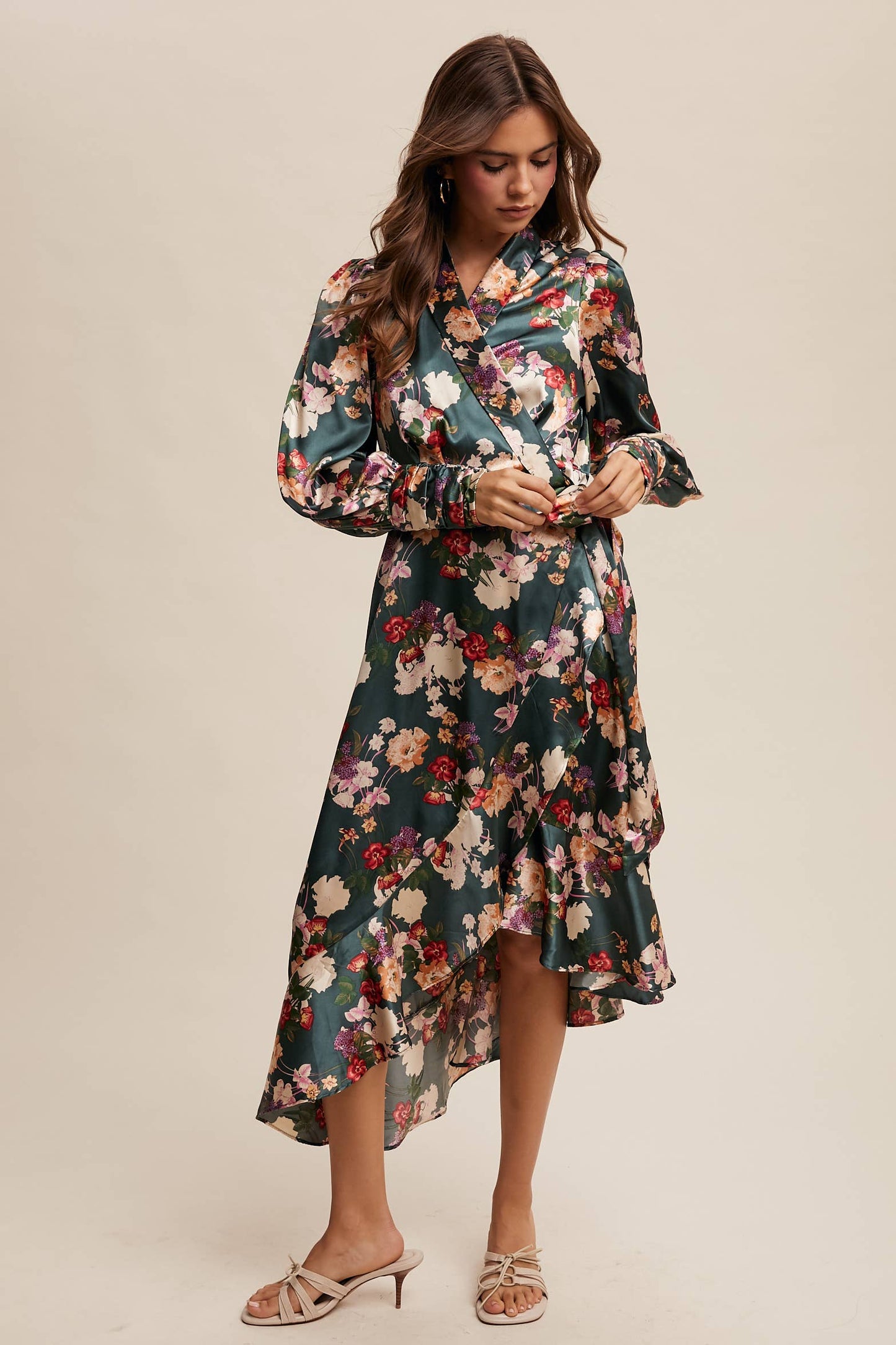 Enchanted Forest Satin Floral Wrap Midi Dress