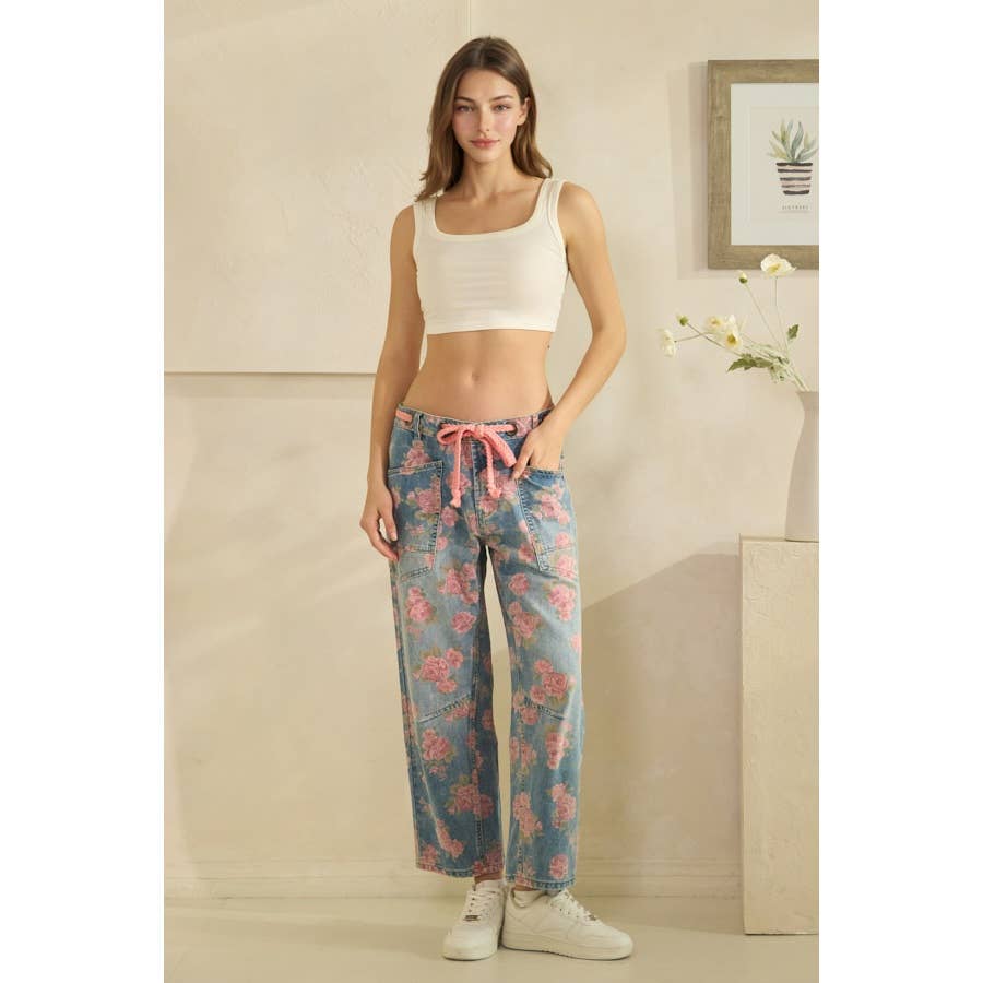 Oli & Hali washed floral print barrel jeans