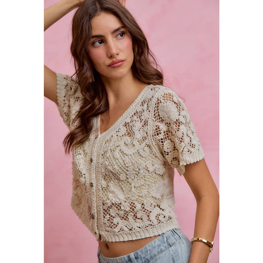 Devote Floral crochet lace button down cropped top/cardigan