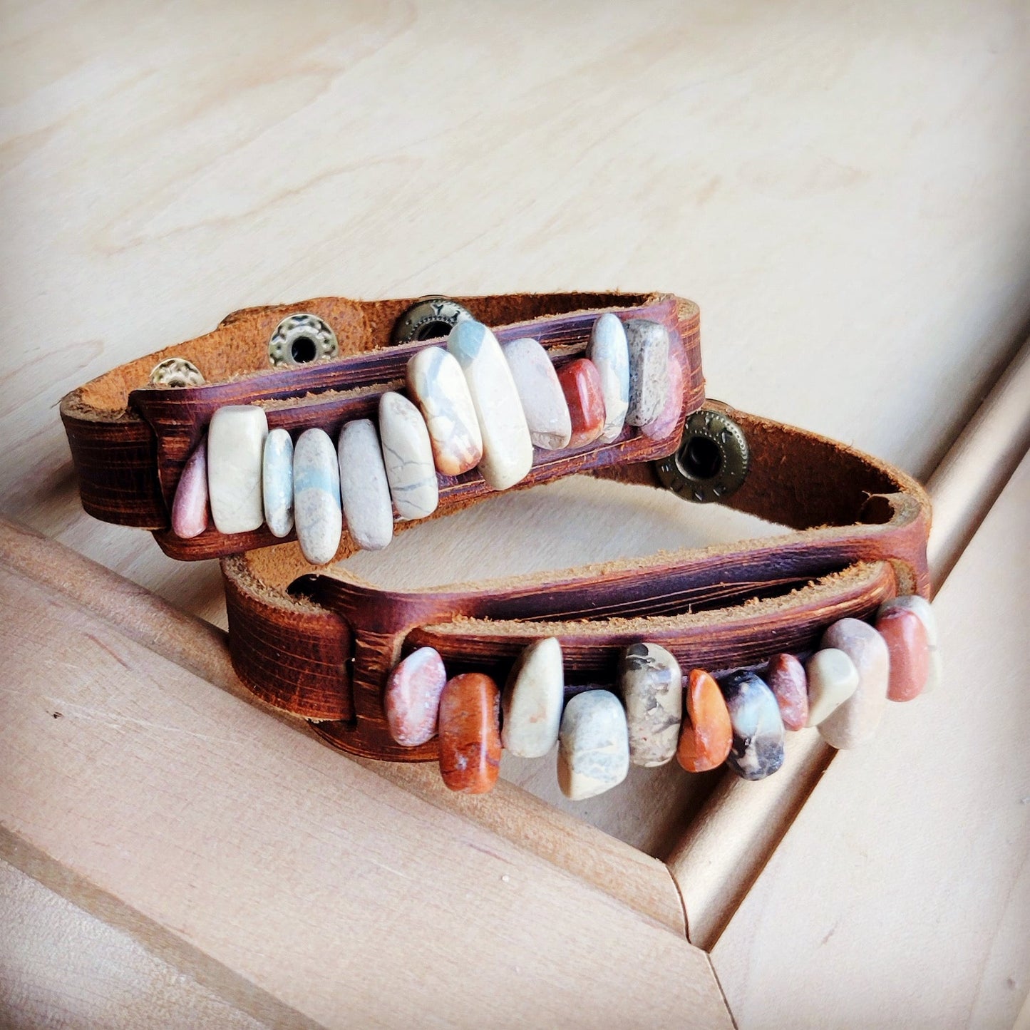 ONLINE EXCLUSIVE Genuine Leather Narrow Cuff with Aqua Terra Stones 005f
