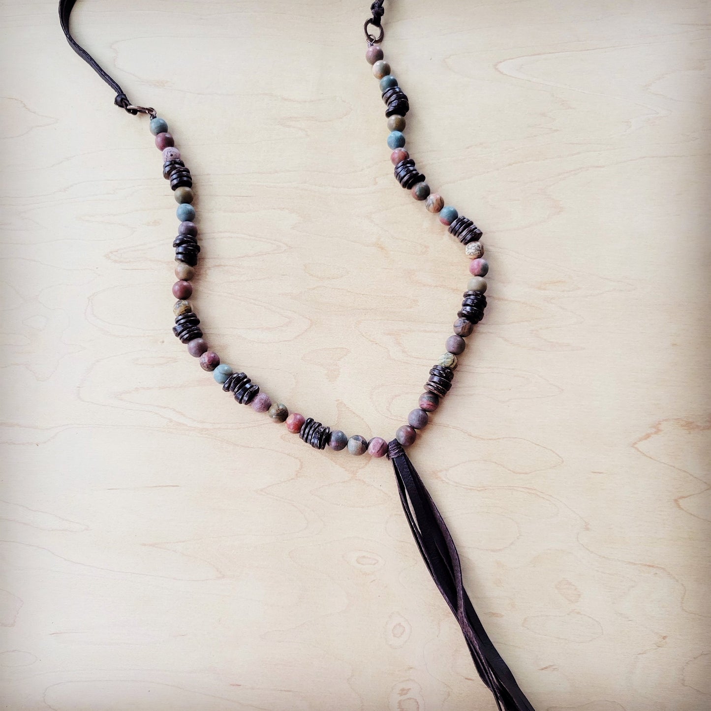 ONLINE EXCLUSIVE Picasso Jasper Necklace with Wood Beads and Leather Tassel 261i