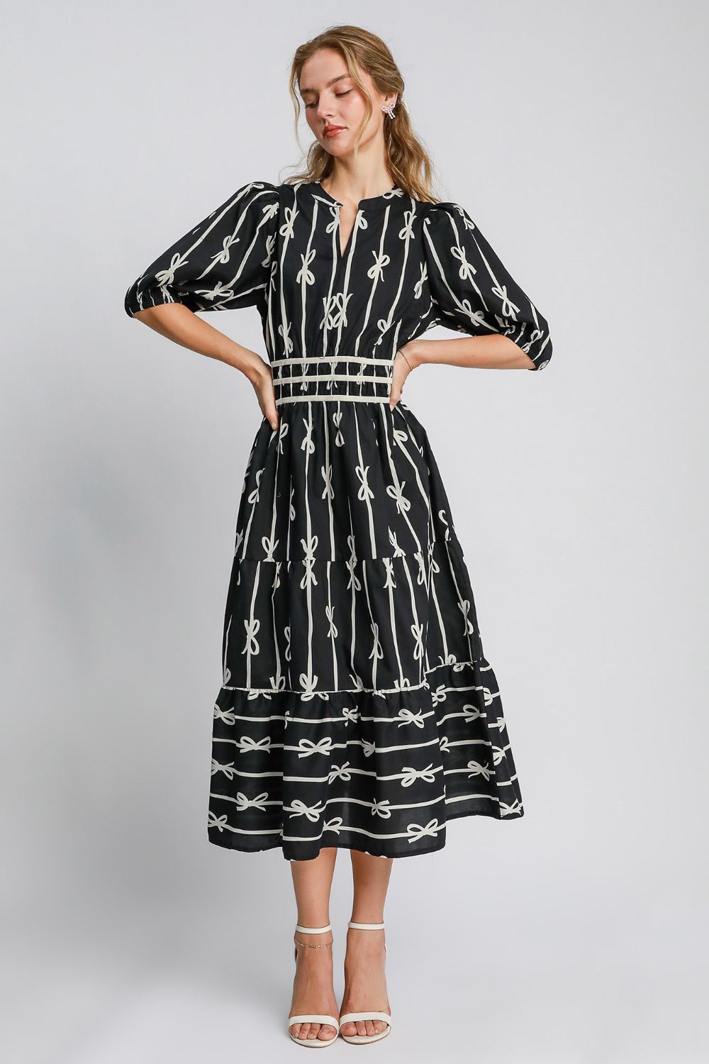 ONLINE EXCLUSIVE Bow Tie Print Notched Contrast Velvet Trim Midi Dress