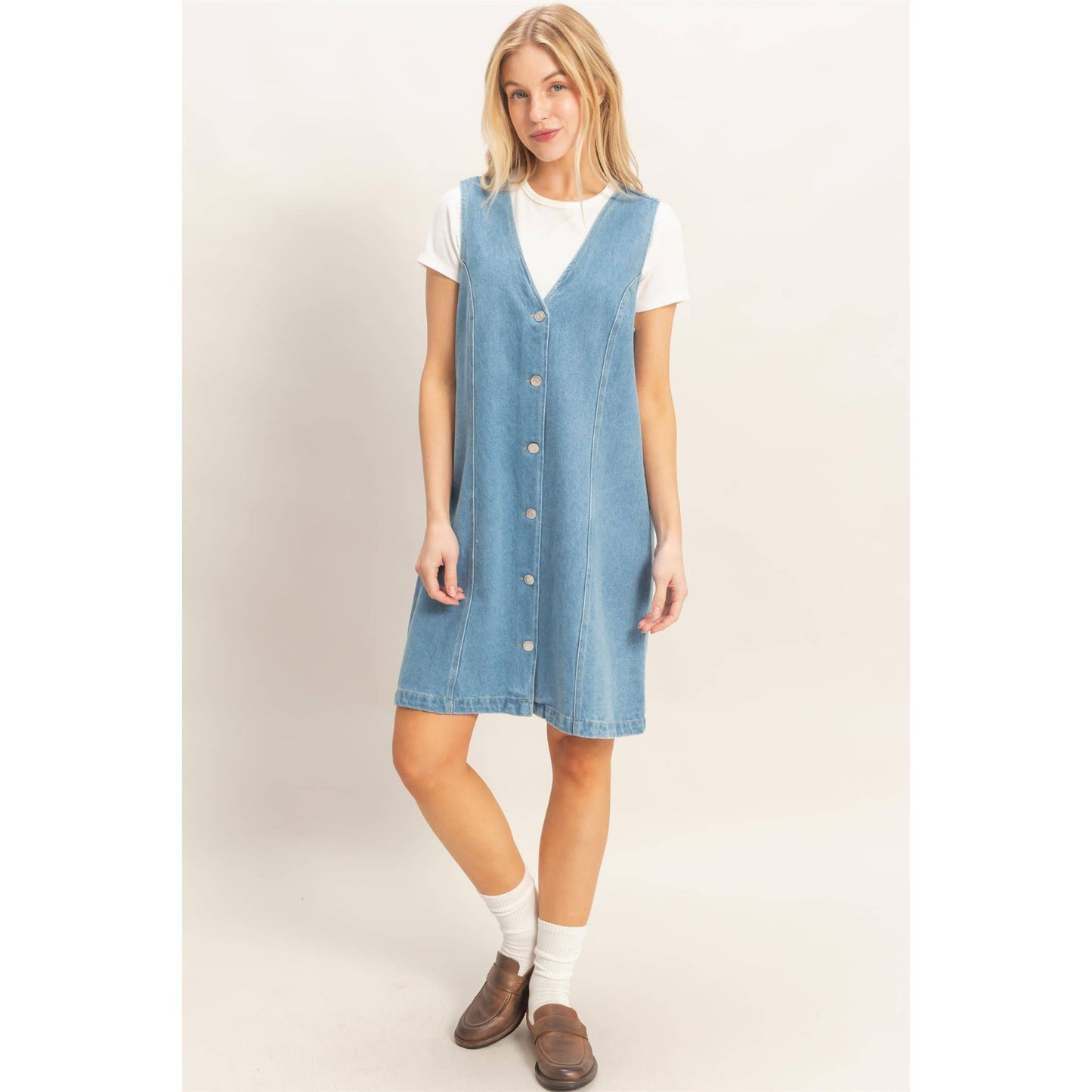 V-Neck Button-Front Denim Dress