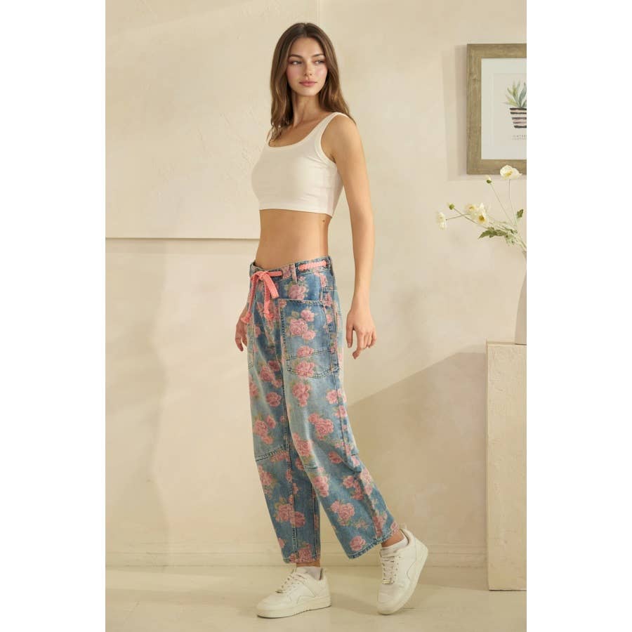 Oli & Hali washed floral print barrel jeans