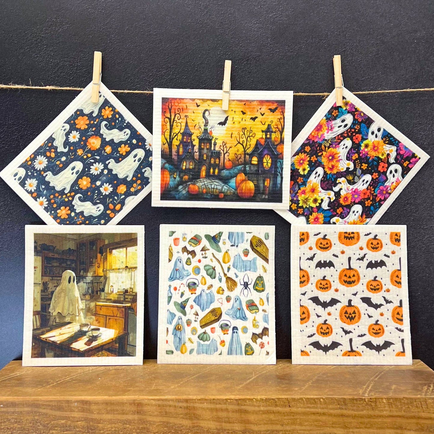 Ghosts & Fall Flowers Swedish Dishcloth