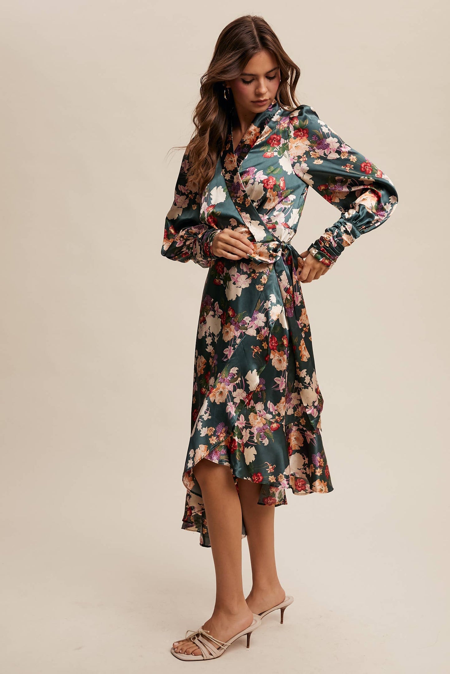 Enchanted Forest Satin Floral Wrap Midi Dress