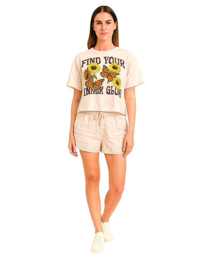 Retro print sunflower & butterfly cotton crop top