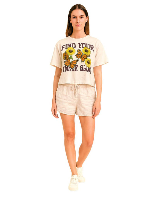 Retro print sunflower & butterfly cotton crop top